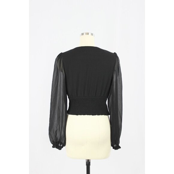 Aritzia WILFRED Wistful Black Chiffon Smocked Puff Sleeve V-Neck Blouse, Size S - Picture 3 of 15
